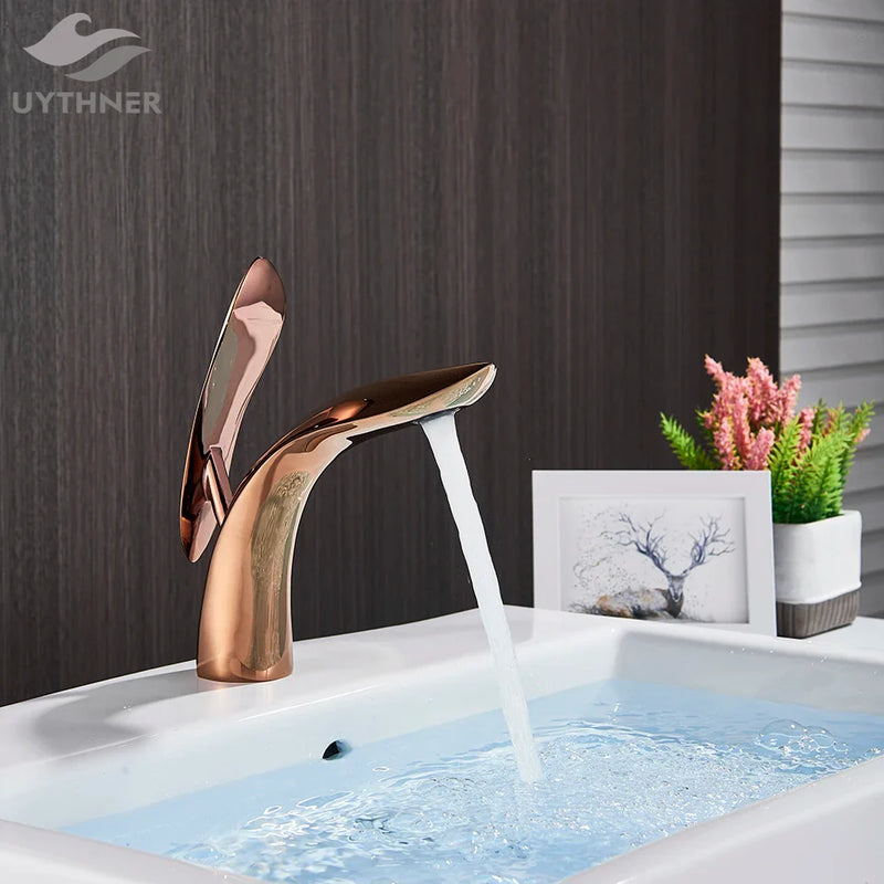 Afralia™ Rose Gold Brass Basin Faucet: Single Handle Hot Cold Water Mixer Tap