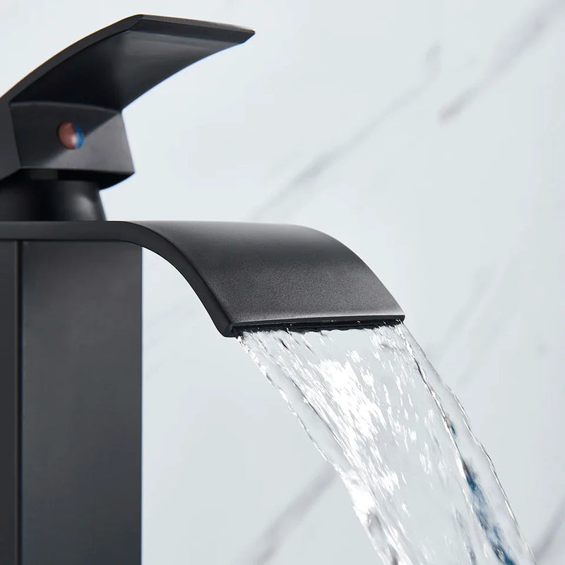 Afralia™ Black Brass Bathroom Waterfall Sink Faucet Hot&Cold Mixer Vanity Tap Deck Mounted