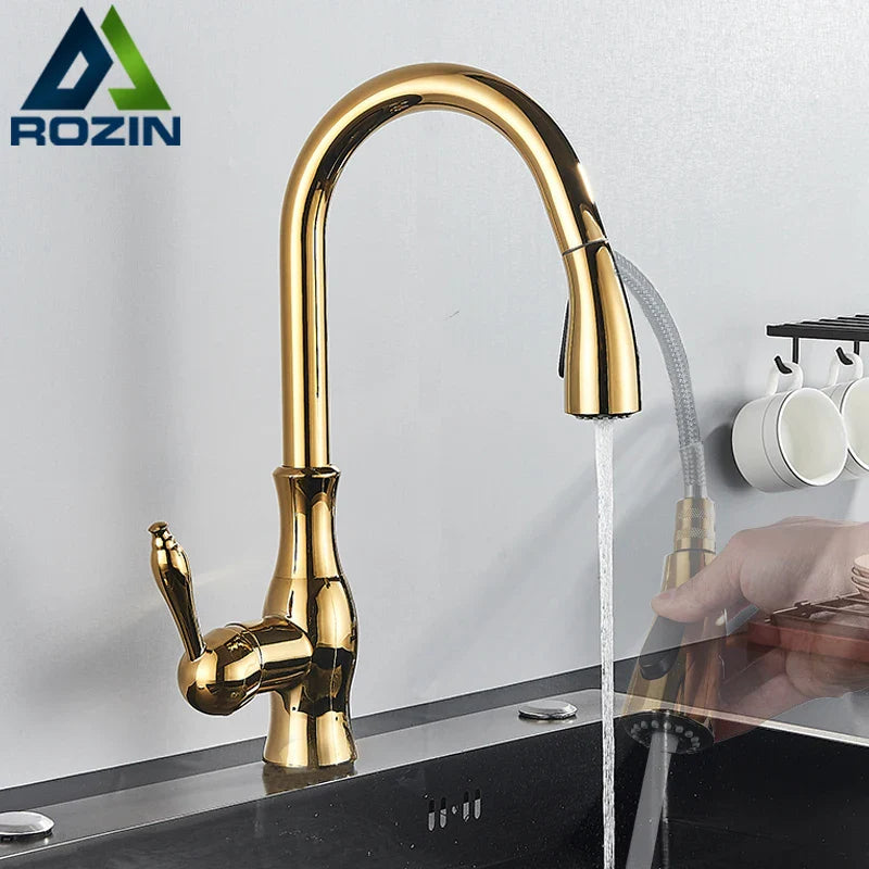 Afralia™ Brass Kitchen Faucet Pull Out Sprayer High Arch Mixer Tap Kit