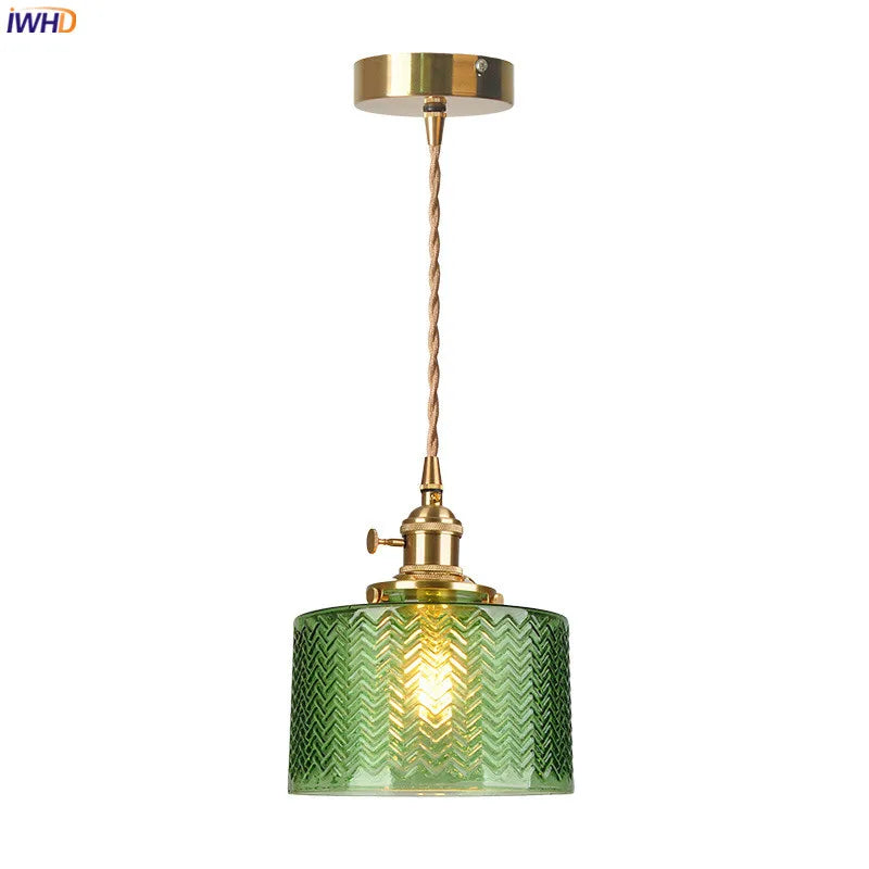 Afralia™ Modern Green Glass Hanging Lamp Copper Knob Switch LED Pendant Light Suite