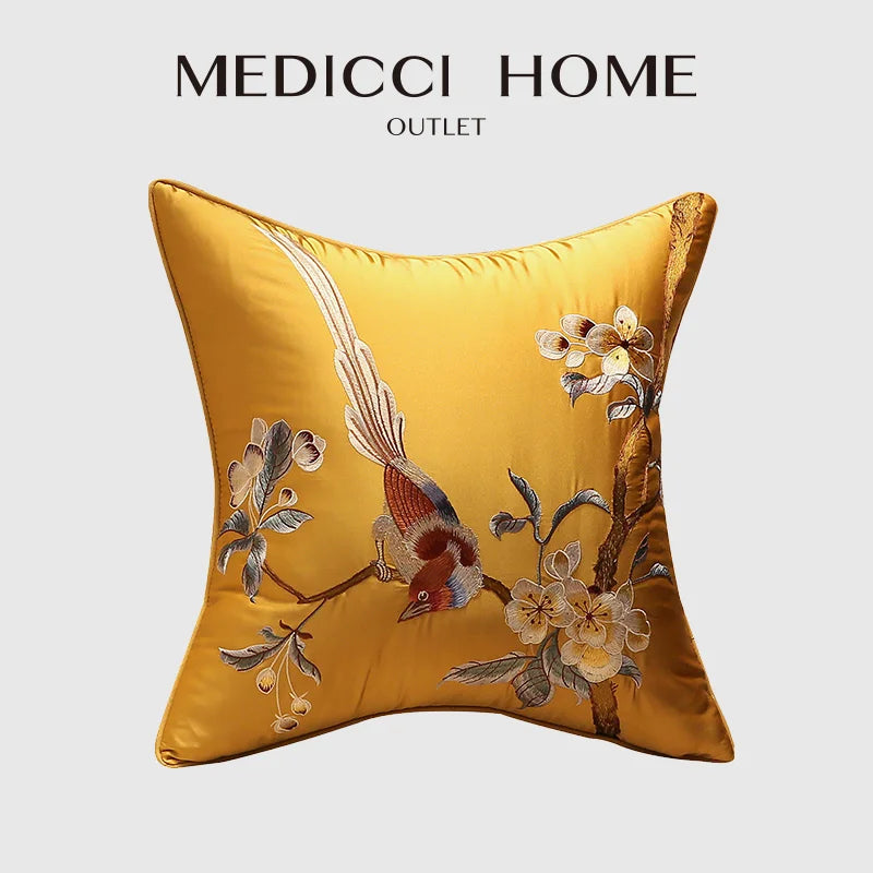 Afralia™ Silky Oriental Floral Bird Embroidery Cushion Cover for Sofa and Bedroom