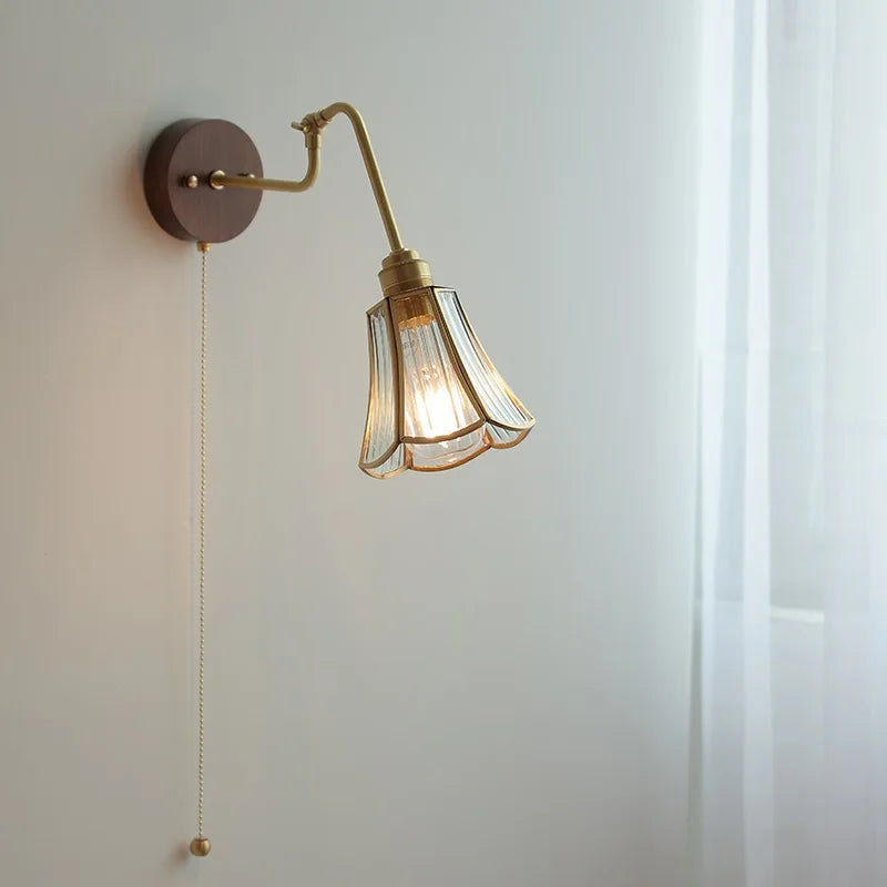 Afralia™ Vintage Pull Chain Wall Lamp Copper Arm Wood Base Light Fixtures