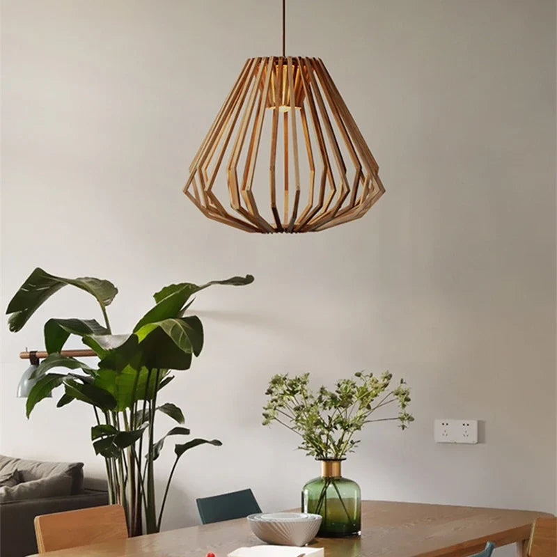 Afralia™ Nordic Wooden Cage Chandelier: Modern Solid Wood Art LED Lamp for Home Decor