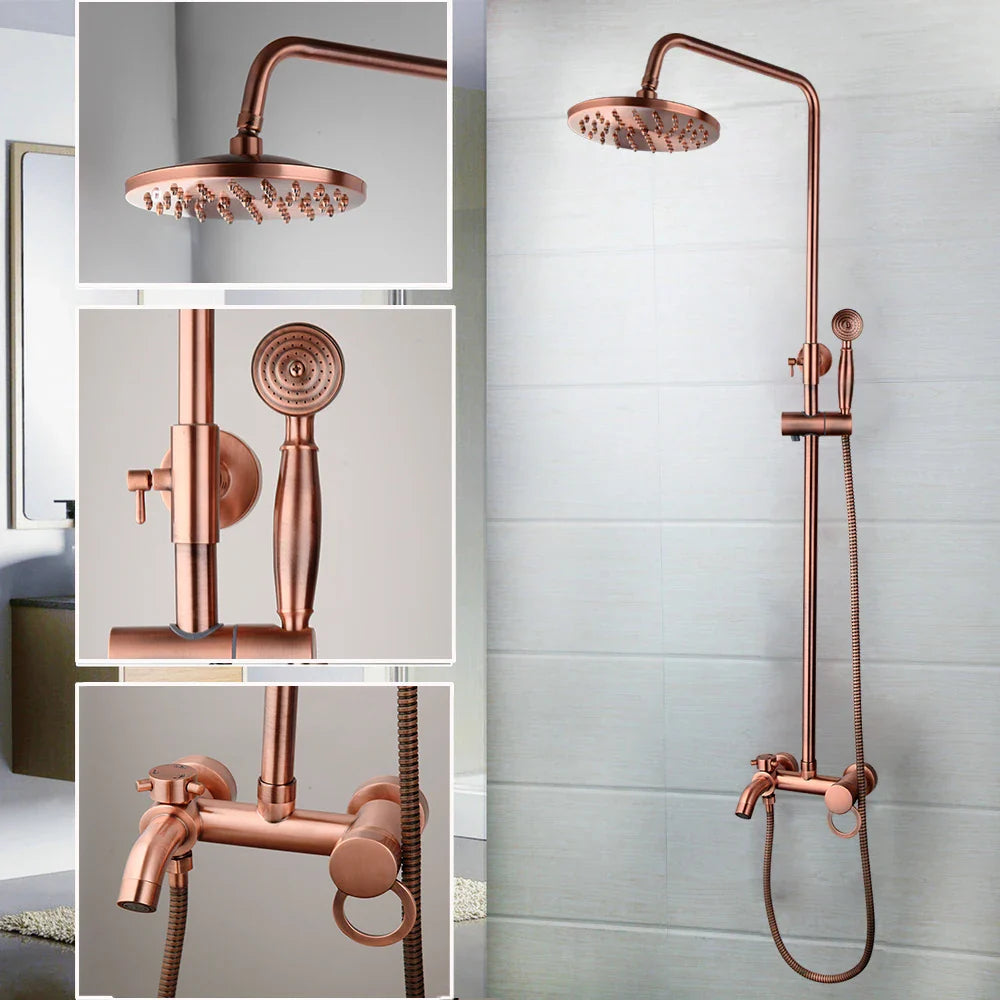 Afralia™ Antique Copper 3-Function Shower Set with Rainfall Head and Hand Shower