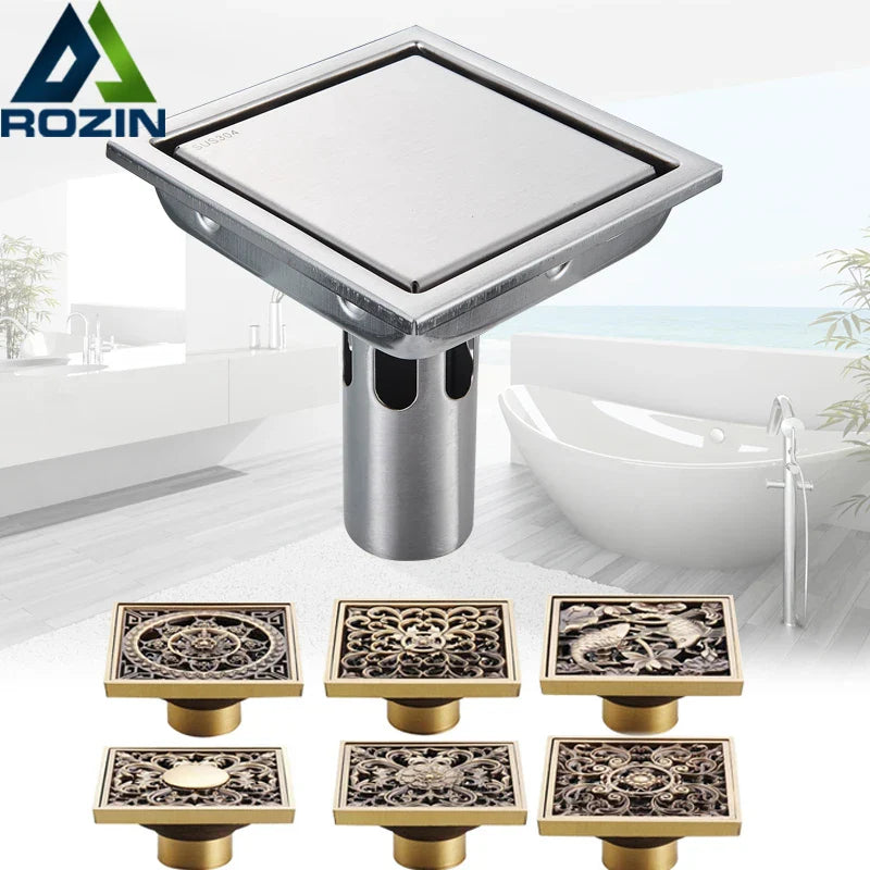 Afralia™ Antique Brass Shower Floor Drain 10cm Square Waste Strainer Cover Grate