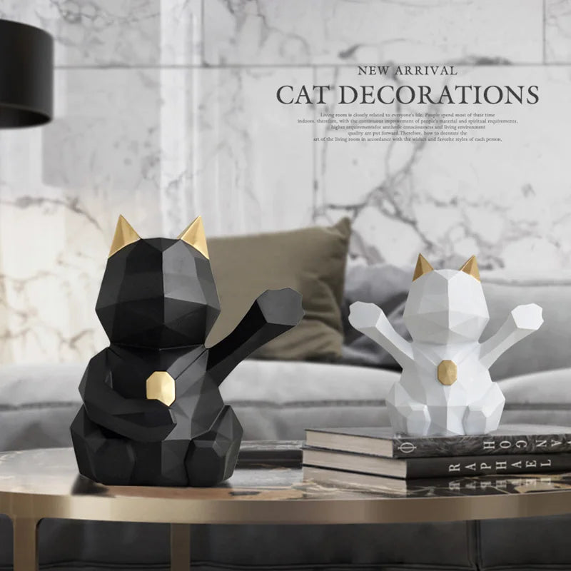 Afralia™ Geometric Resin Lucky Cat Sculpture - Home Office Tabletop Decor Statue