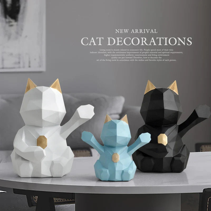Afralia™ Geometric Resin Lucky Cat Sculpture - Home Office Tabletop Decor Statue