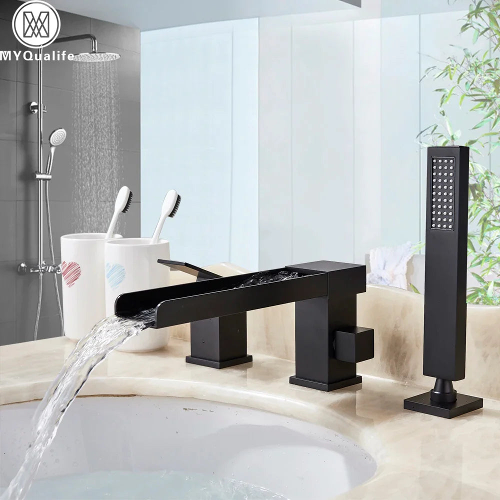 Afralia™ Matte Black Waterfall Bathtub Faucet with Pull Out Handshower