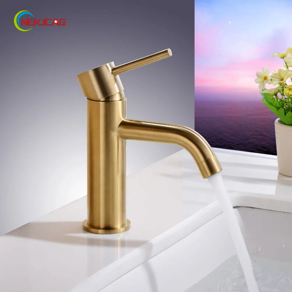 Afralia™ Golden Brass Basin Faucet Deck Mounted Vessel Sink Mixer Tap Hot Cold