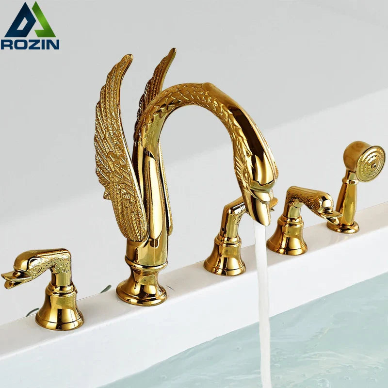 Afralia™ Golden Swan Bathtub Faucet Set with Brass Hand Shower.