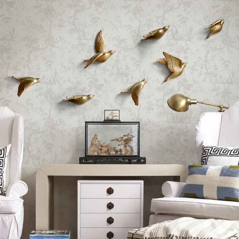 Afralia™ Resin Birds Decor Wall Mural Miniature Figurine 3D Sticker Living Room TV Ornament