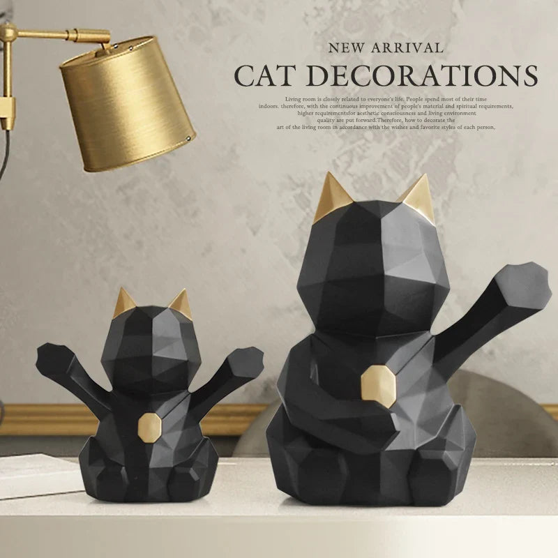 Afralia™ Geometric Resin Lucky Cat Sculpture - Home Office Tabletop Decor Statue