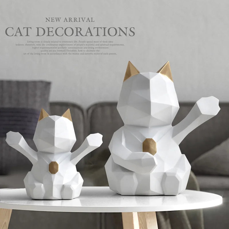 Afralia™ Geometric Resin Lucky Cat Sculpture - Home Office Tabletop Decor Statue