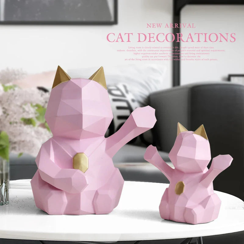 Afralia™ Geometric Resin Lucky Cat Sculpture - Home Office Tabletop Decor Statue