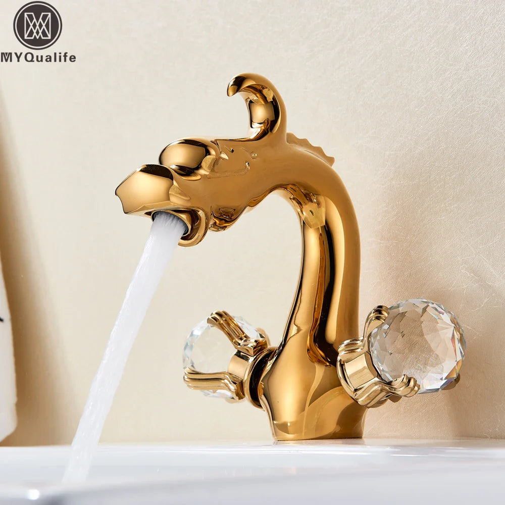 Afralia™ Chinese Dragon Crystal Handle Basin Faucet Dual Hot Cold Deck Mounted Sink
