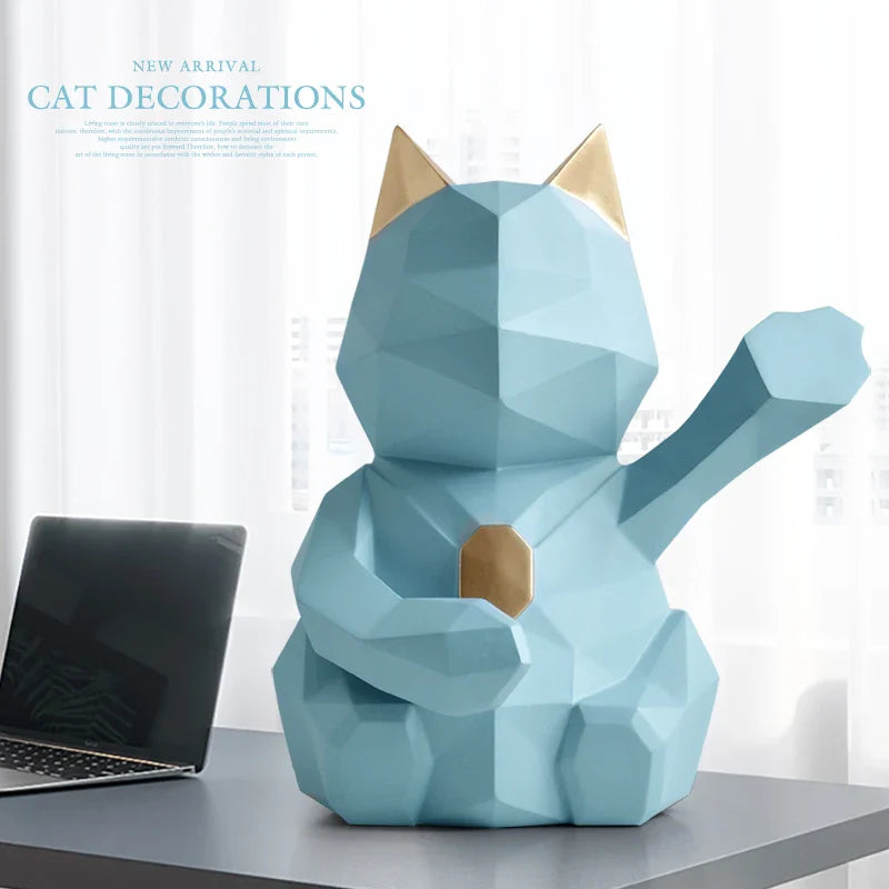 Afralia™ Geometric Resin Lucky Cat Sculpture - Home Office Tabletop Decor Statue