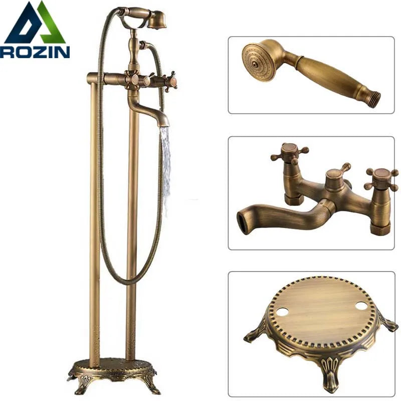 Afralia™ Brass Floor Mount Tub Sink Faucet Dual Handle Bath Set with Handshower