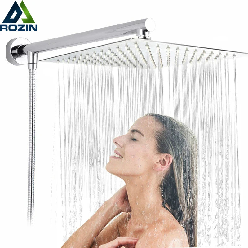 Afralia™ Bright Chrome 8" Shower Head with 15" Arm and 59" Hose - Wall Mounted Rainfall