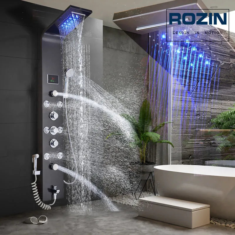 Afralia™ Black LED Waterfall Rain Shower Panel with Massage Sprayer and Bidet Tap