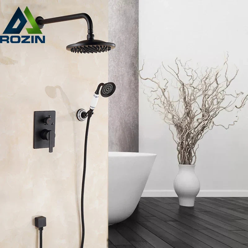 Afralia™ Antique Brass/Black 8" Rainfall Shower Set Faucet with Handshower