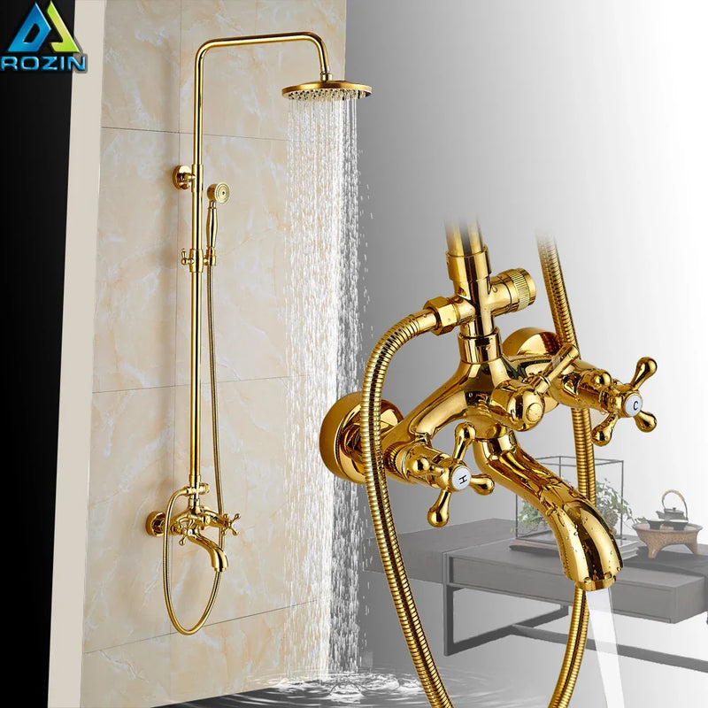 Afralia Golden Shower Mixer Taps with 8" Rainfall Shower Head and Handshower