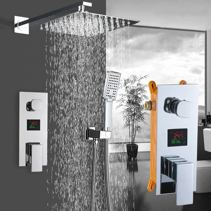 Afralia™ Chrome Digital Display Rainfall Shower Faucet Wall Mount Bath Mixer Tap