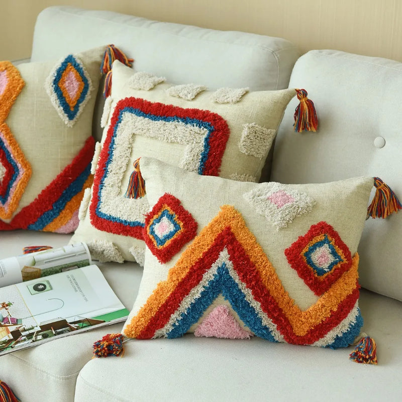 Afralia™ Moroccan Style Wool Tassel Cushion Cover - Boho Ethnic Pillow 45x45cm HomeDecor