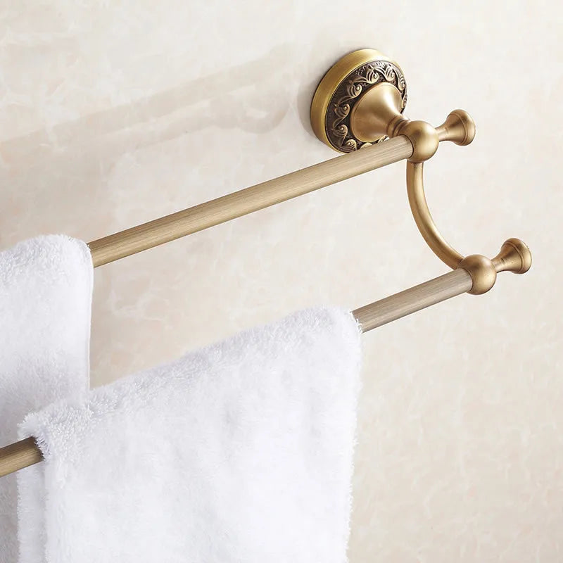 Afralia™ Antique Brass Double Towel Bar Bathroom Shelf Holder Towel Rack