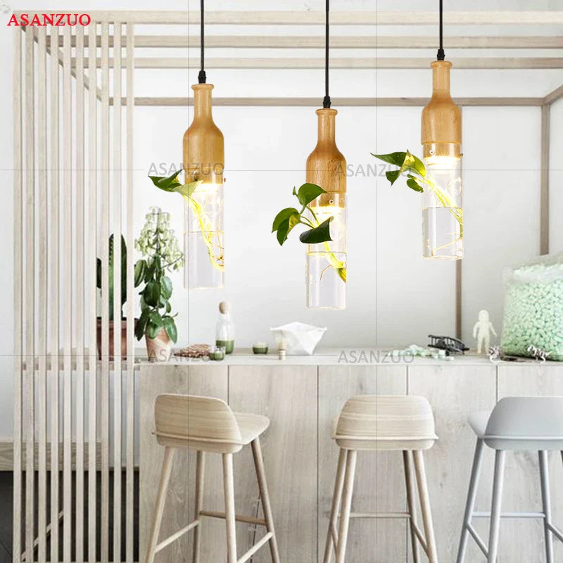 Afralia™ Modern Wood Glass Bottle Plant Pendant Light Industrial Decor E27 LED Lamp Fixture