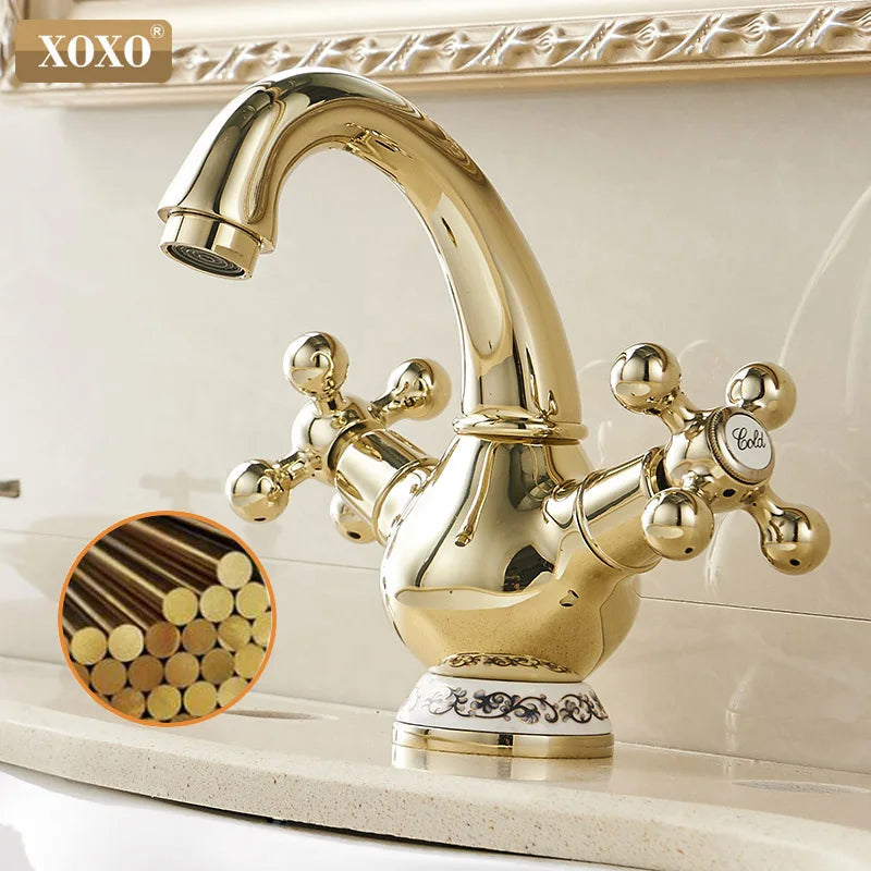 Afralia™ Double Handle Chrome Basin Faucet with Ceramic Decoration