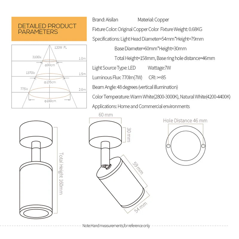 Afralia™ Pure Copper 7W LED Ceiling Spotlight CRI97 Adjustable Angle Bedroom Downlight