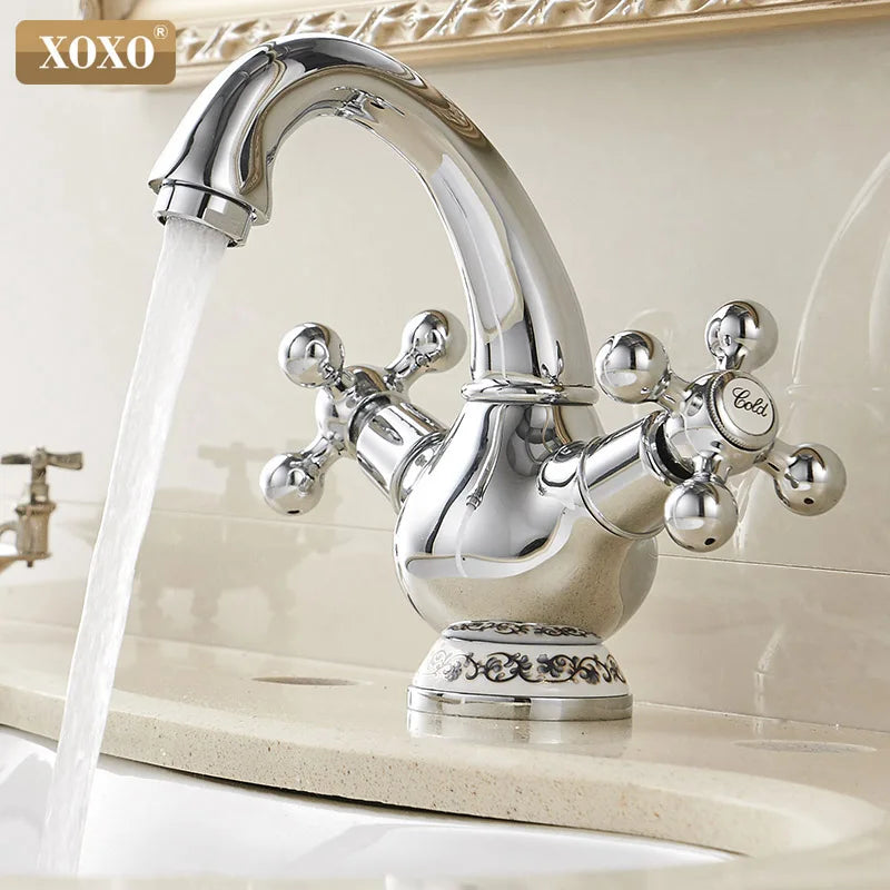 Afralia™ Double Handle Chrome Basin Faucet with Ceramic Decoration