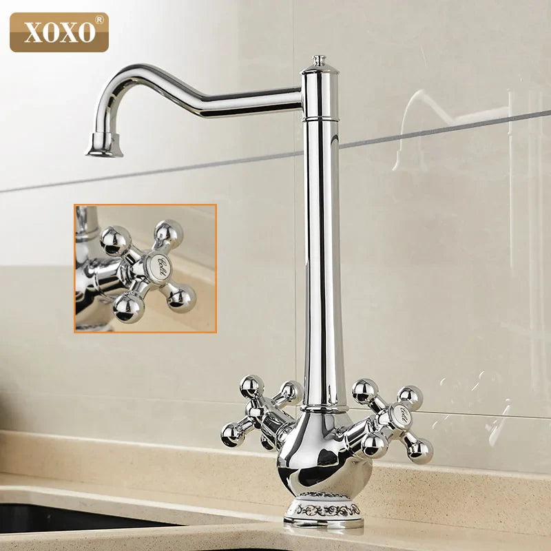 Afralia™ Chrome Double Cross Handle Kitchen Faucet with Swivel Spout