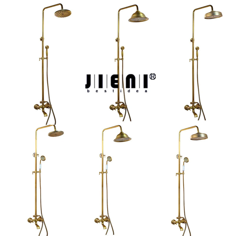 Afralia™ Antique Brass Rainfall Shower Faucet Set with Handshower and Shelf