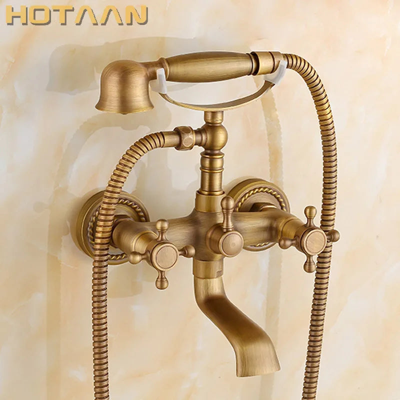 Afralia™ Antique Brass Shower Faucet Kit with Wall Mounted Hand Held Shower Head