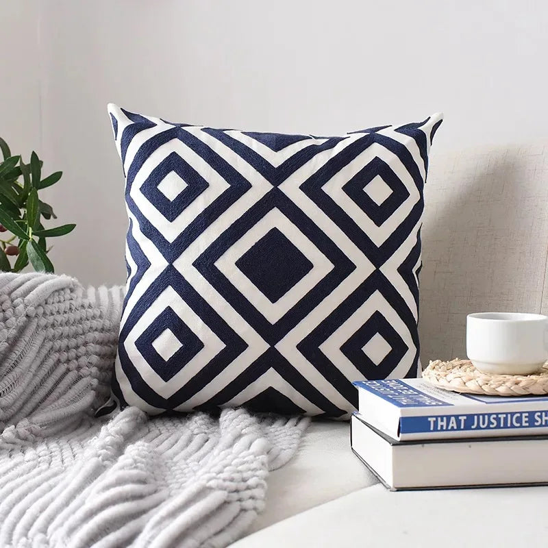 Afralia™ Geometric Embroidered Cushion Cover Grey Black Blue Square Pillow 45x45cm