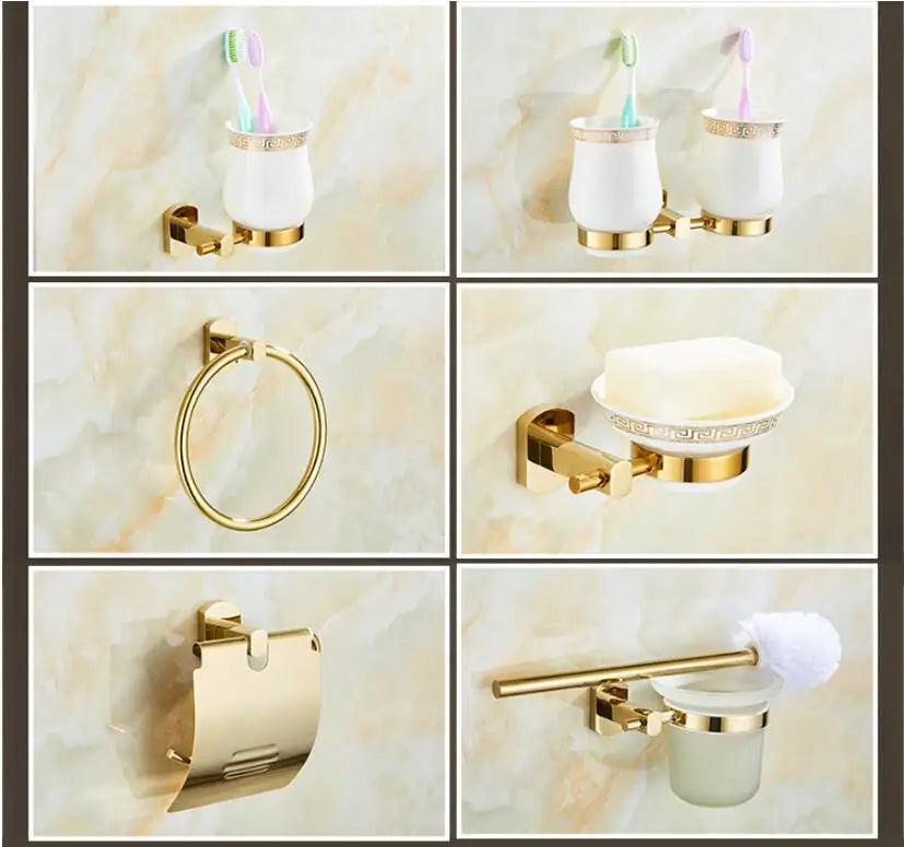 Afralia™ Gold Brass Bath Hardware Set: Towel Rack, Paper Holder, Toilet Brush Holder, Towel Ranger, Hooks