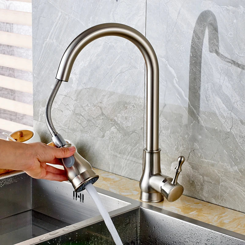 Afralia™ Brushed Nickel Pull Out Kitchen Faucet Single Lever Sprayer
