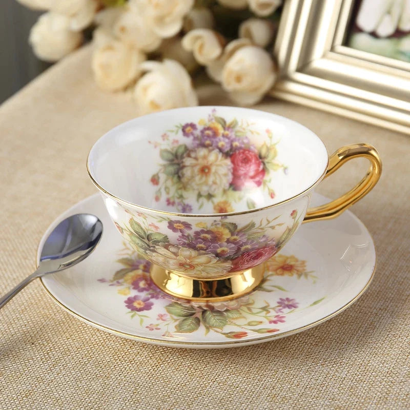 Afralia™ Elegant Floral Bone China Tea Cup Set 200ml - Premium Porcelain Teacup Saucer Spoon