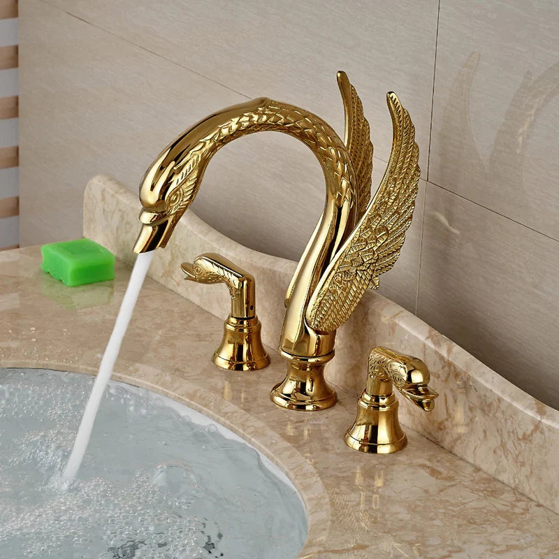 Afralia™ Golden Swan Bathtub Faucet Set with Brass Hand Shower.