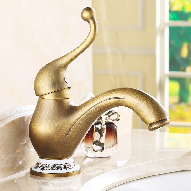 Afralia™ Antique Brass Single Handle Deck Mount Bathroom Sink Faucet.