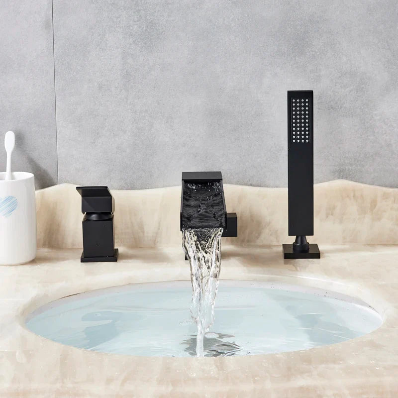 Afralia™ Matte Black Waterfall Bathtub Faucet with Pull Out Handshower