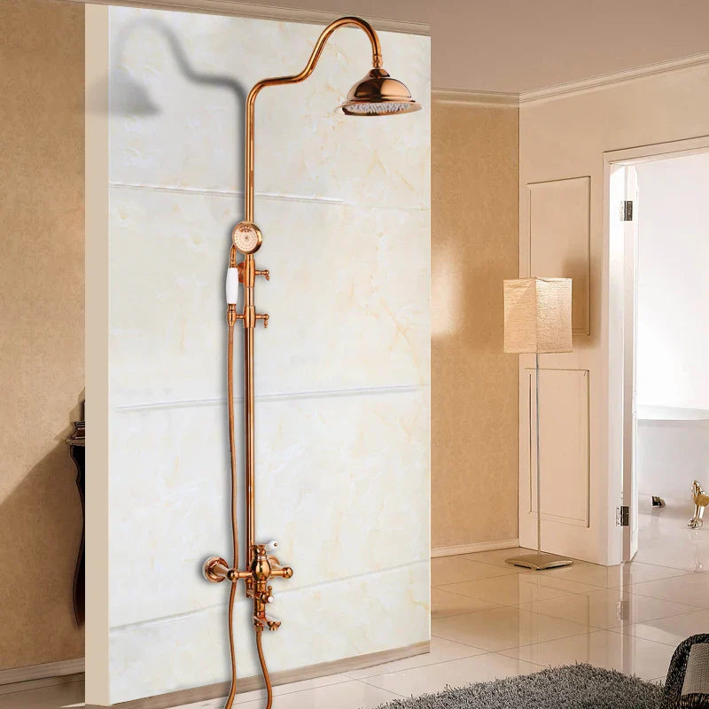 Afralia™ Rose Gold Brass Shower Set with Rainfall Head and Crystal Handles