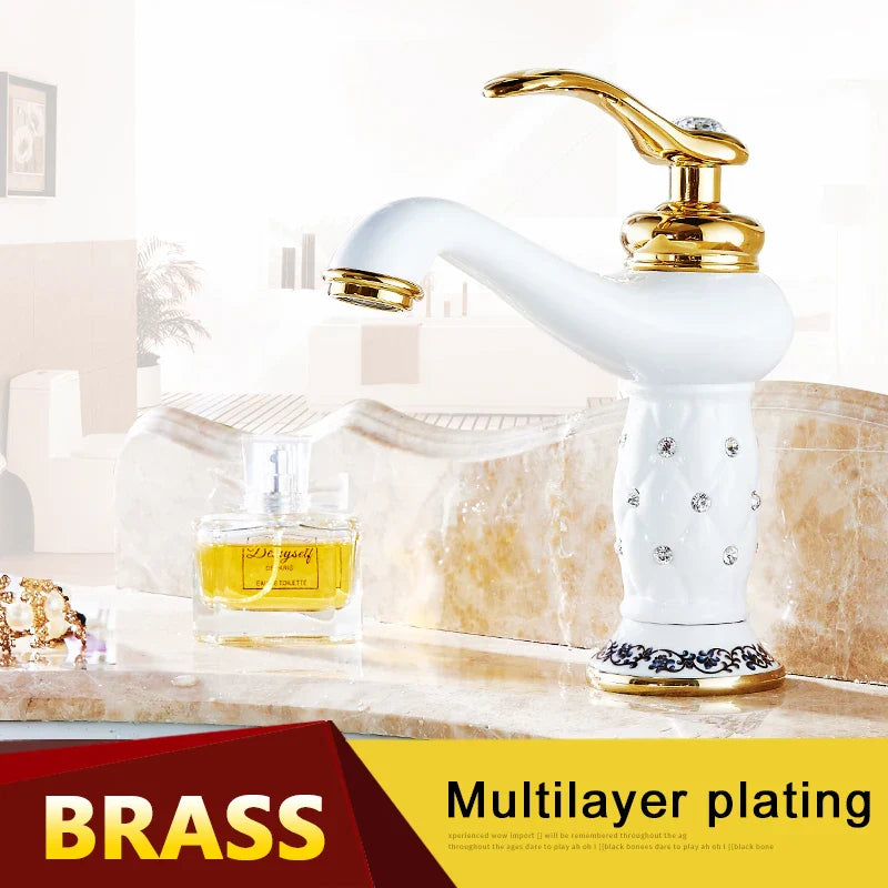 Afralia™ Gold Brass Diamond Basin Faucet Single Handle Hot & Cold Mixer Tap