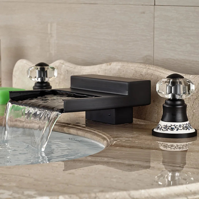 Afralia™ Black Wide Waterfall Spout Faucet Double Handle Bathroom Mixer Taps