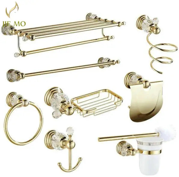 Afralia™ Brass & Crystal Bathroom Set: Towel Rack, Towel Bar, Paper Holder, Soap Dish