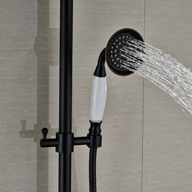 Afralia™ Black Bronze Bathroom Shower Faucet Set with Dual Ceramic Handles & 8" Rainfall Column