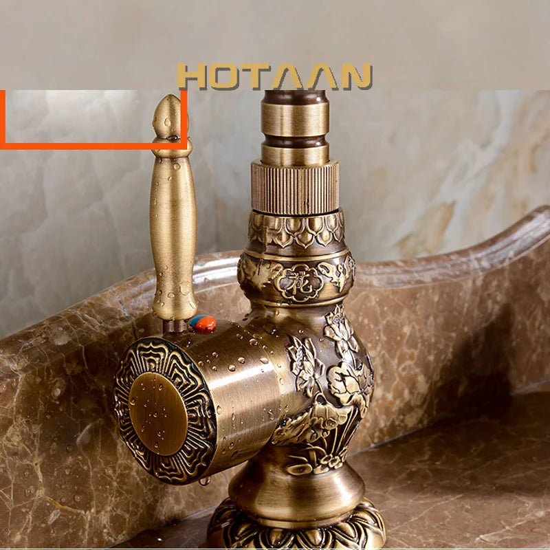 Afralia™ Antique Bronze Carving Kitchen Basin Faucet - Hot Cold Water Mixer Tap