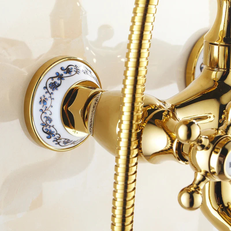 Afralia™ Gold Brass Wall Mounted Bathtub Faucet with Hand Held Shower Kit