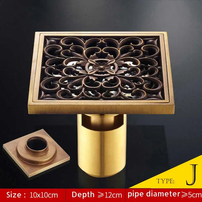 Afralia™ Antique Brass Fish Style Shower Drain 10cm Square Floor Drainer